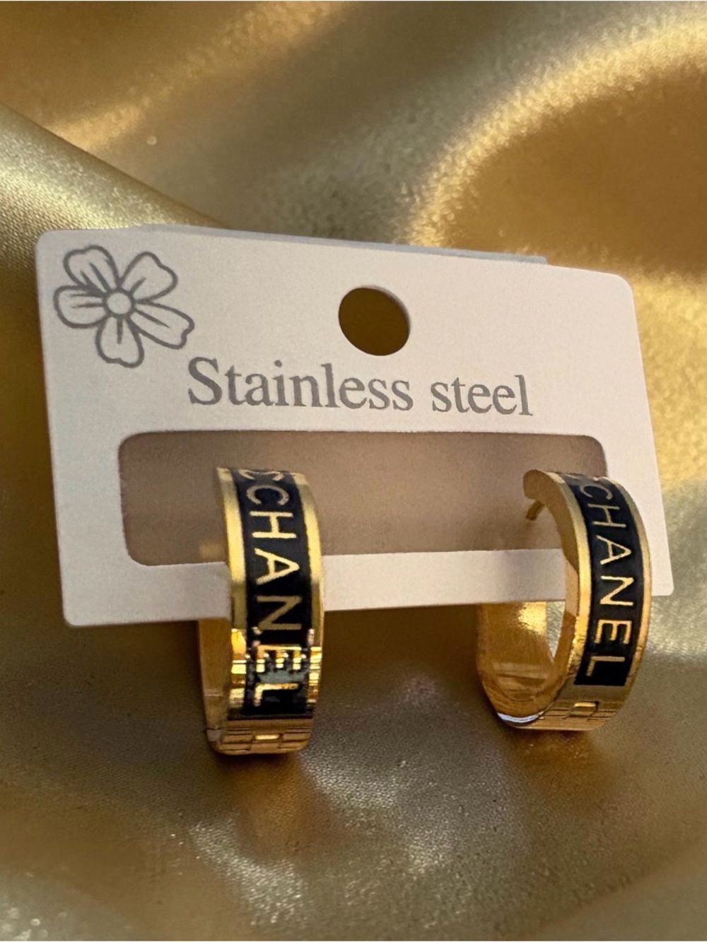 New Gold Tone Black Hoop Earrings